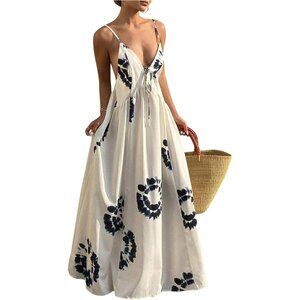 Women's Boho Floral Print Maxi Dress Sleeveless Backless Tie Front Summer